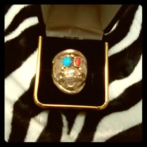 Native American Buffalo Turquoise & Coral Ring